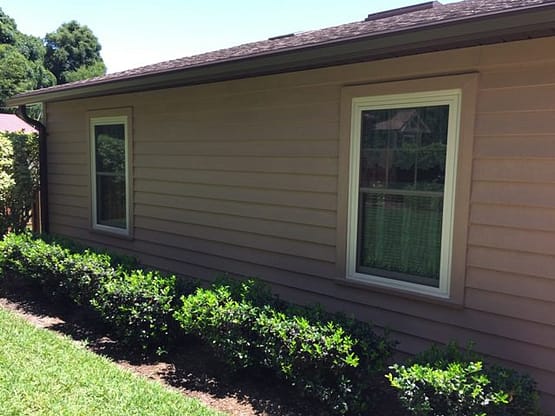 A house with two windows and bushes in front of it.