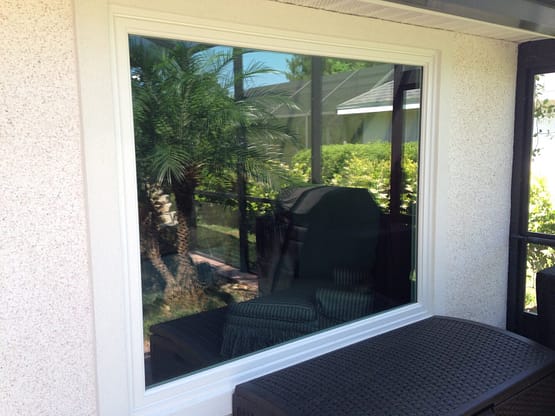 A window with a view of the trees and grass.