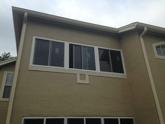 A large window in the middle of a building.